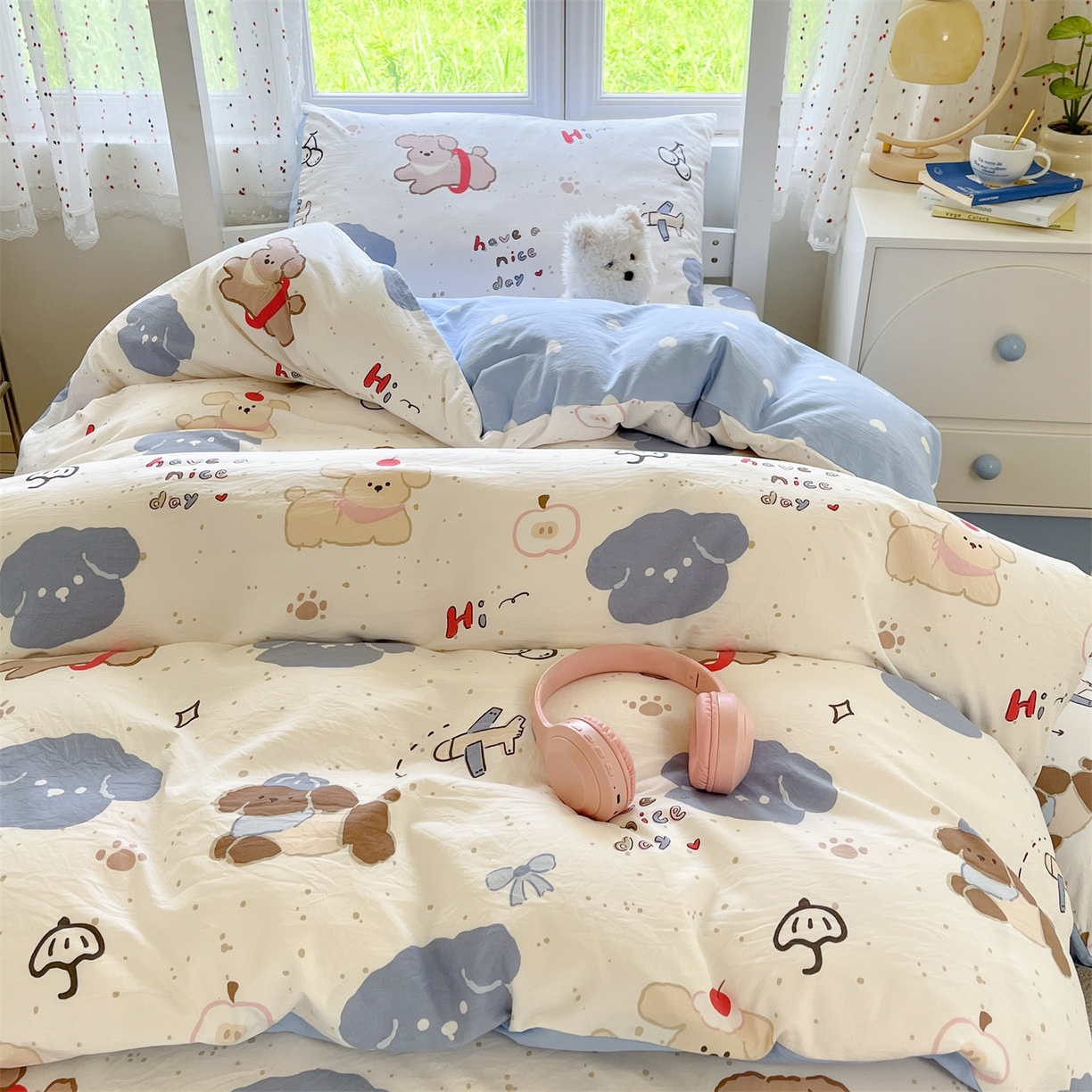 91家纺网 家纺一手货源 找家纺 盛秋家纺 2025新款水洗棉卡通学生小三套套件 开心乐园+蓝爱心