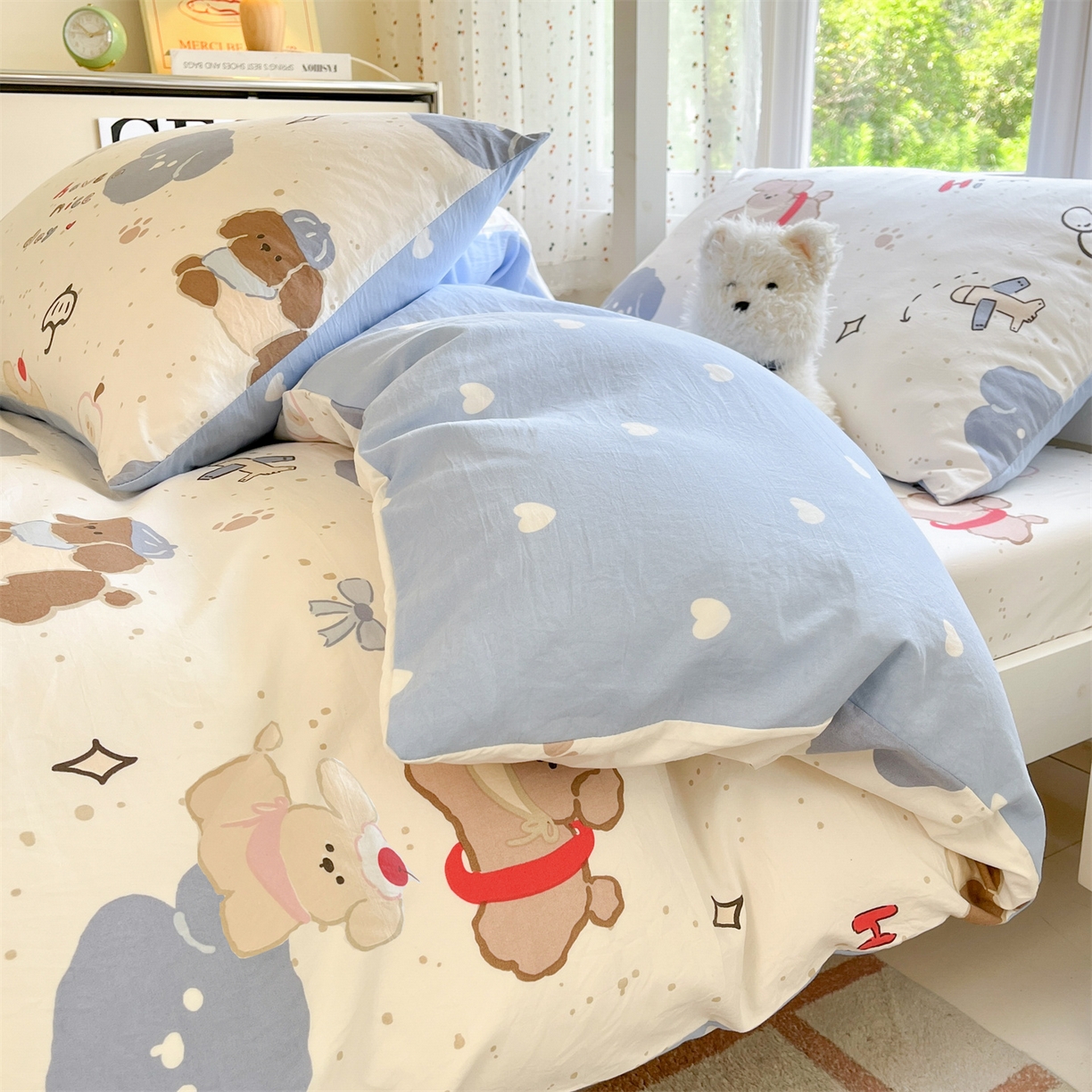 91家纺网 家纺一手货源 找家纺 盛秋家纺 2025新款水洗棉卡通学生小三套套件 开心乐园+蓝爱心