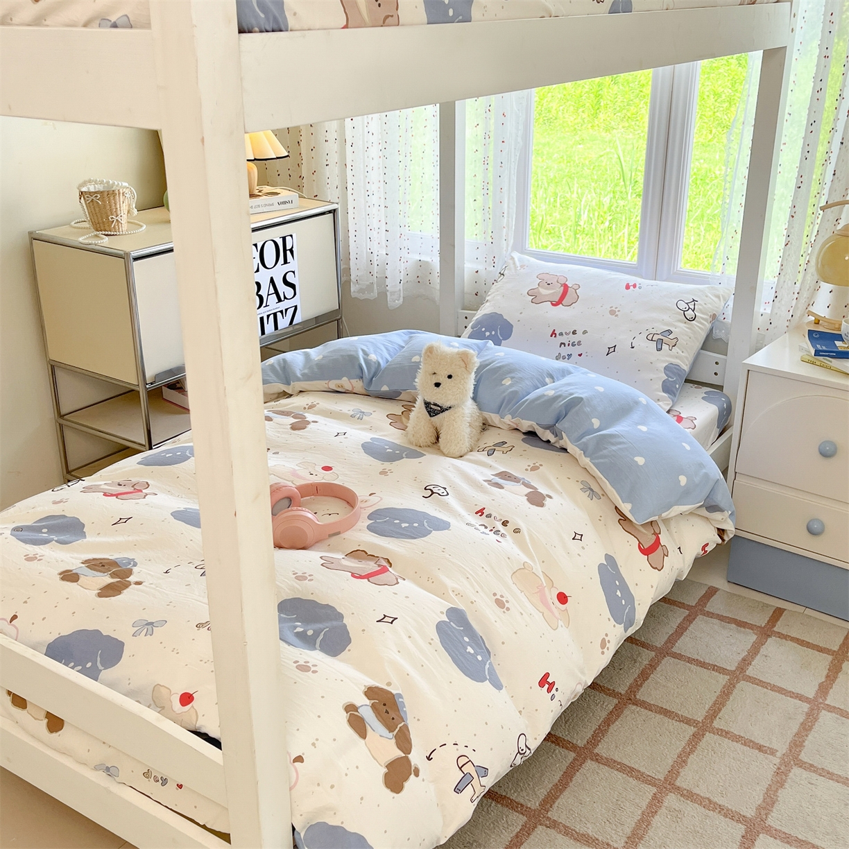 91家纺网 家纺一手货源 找家纺 盛秋家纺 2025新款水洗棉卡通学生小三套套件 开心乐园+蓝爱心