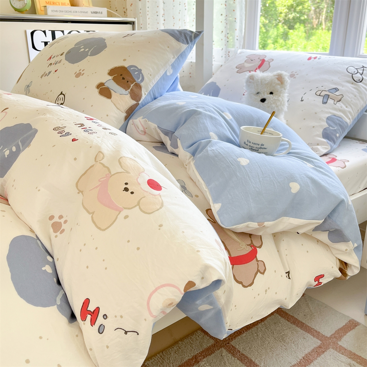 91家纺网 家纺一手货源 找家纺 盛秋家纺 2025新款水洗棉卡通学生小三套套件 开心乐园+蓝爱心