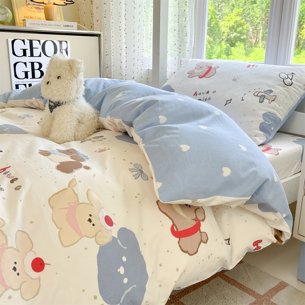 91家纺网 家纺一手货源 找家纺 盛秋家纺 2025新款水洗棉卡通学生小三套套件 开心乐园+蓝爱心