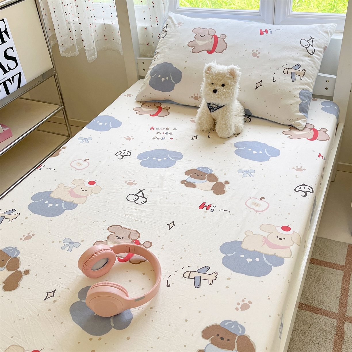 91家纺网 家纺一手货源 找家纺 盛秋家纺 2025新款水洗棉卡通学生小三套套件 开心乐园+蓝爱心