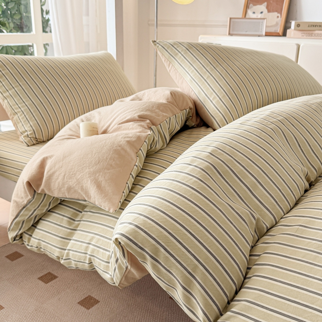 91家纺网 家纺一手货源 找家纺 盛秋家纺 2025新款水洗棉格子学生小三套套件 泡芙黄+奶茶