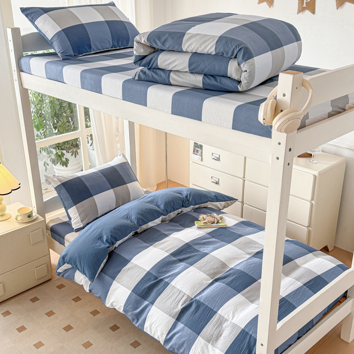 91家纺网 家纺一手货源 找家纺 盛秋家纺 2025新款水洗棉格子学生小三套套件 蓝大格+宾利蓝