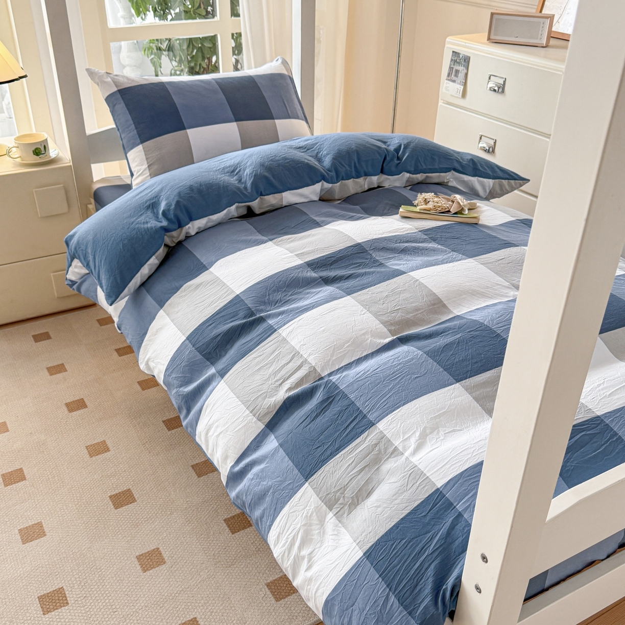 91家纺网 家纺一手货源 找家纺 盛秋家纺 2025新款水洗棉格子学生小三套套件 蓝大格+宾利蓝