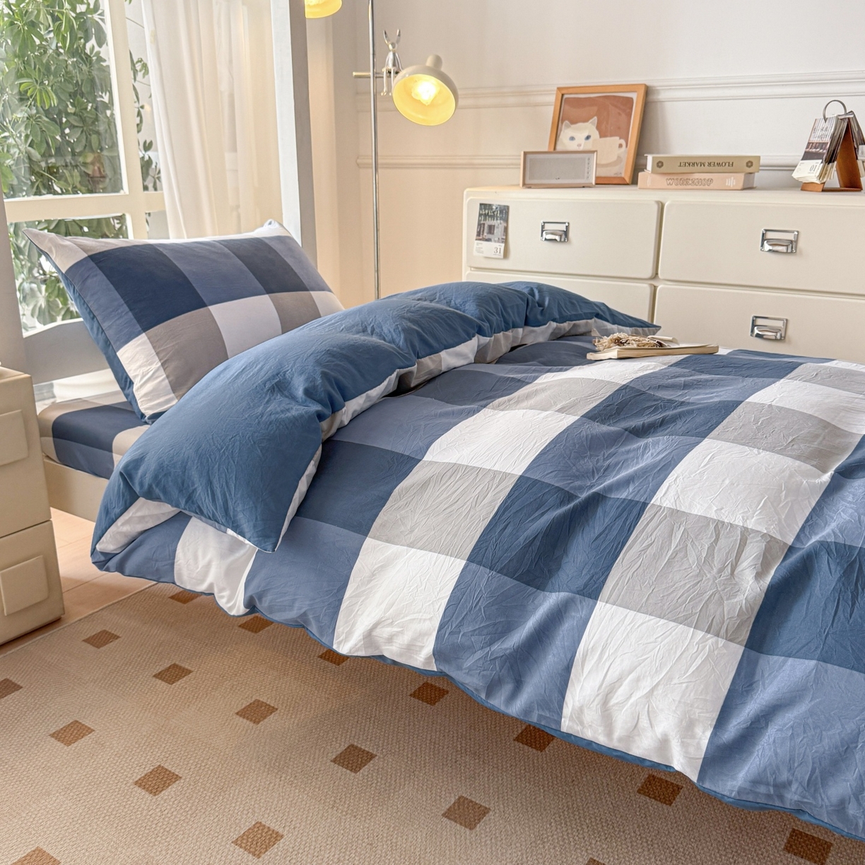 91家纺网 家纺一手货源 找家纺 盛秋家纺 2025新款水洗棉格子学生小三套套件 蓝大格+宾利蓝