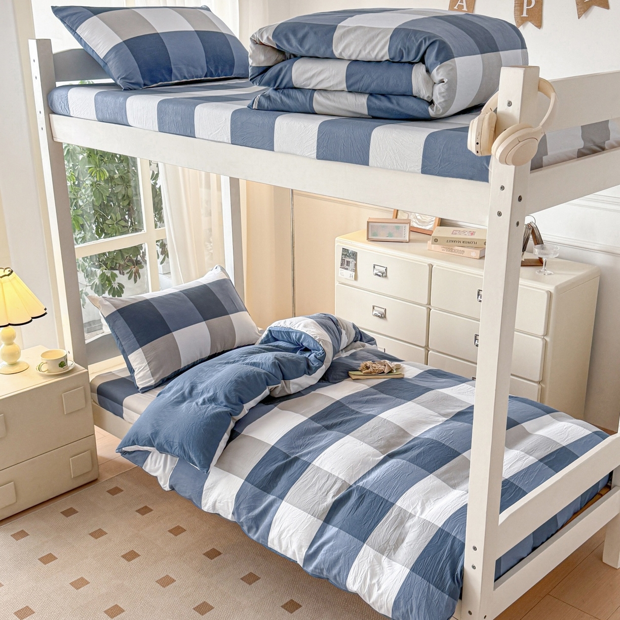 91家纺网 家纺一手货源 找家纺 盛秋家纺 2025新款水洗棉格子学生小三套套件 蓝大格+宾利蓝