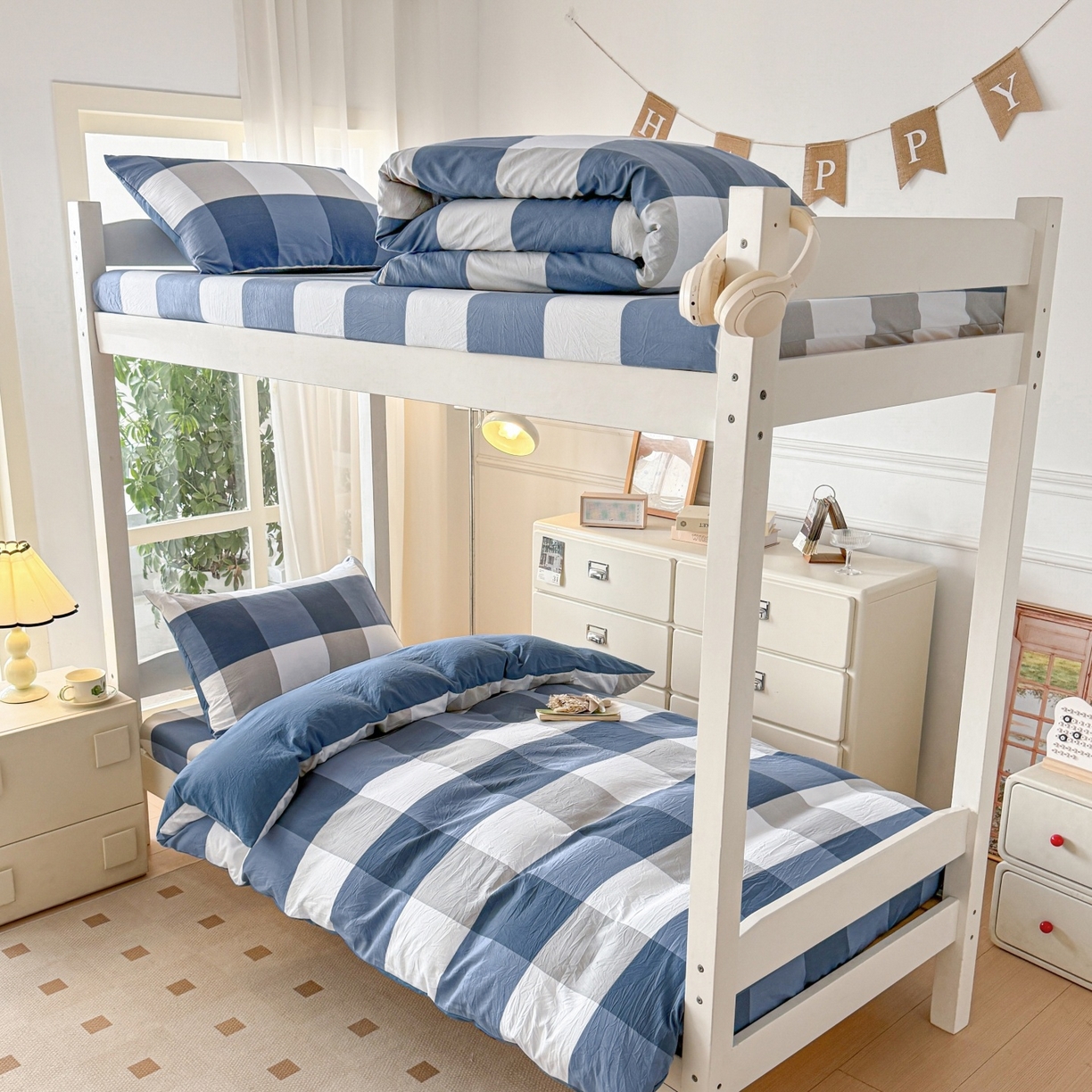 91家纺网 家纺一手货源 找家纺 盛秋家纺 2025新款水洗棉格子学生小三套套件 蓝大格+宾利蓝