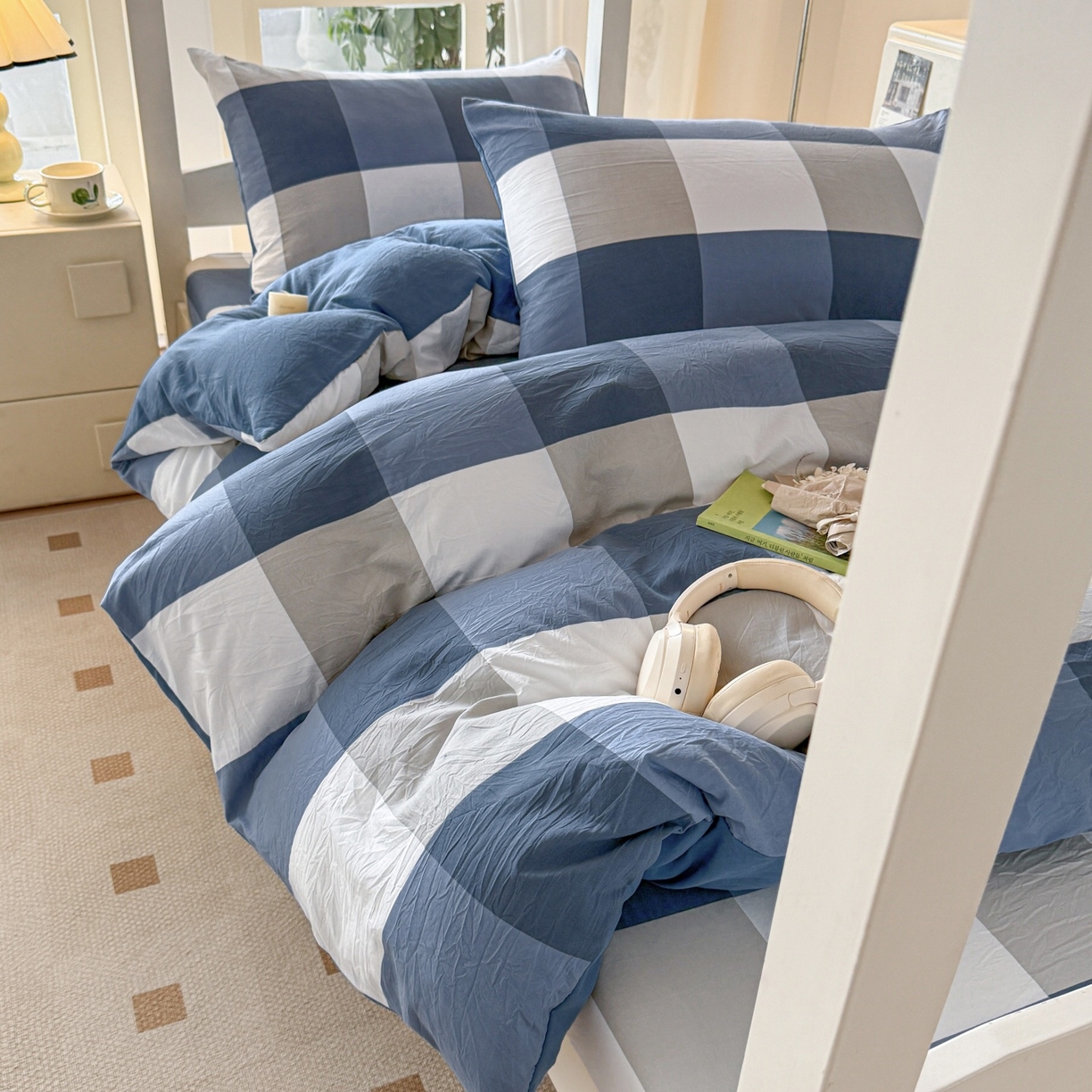 91家纺网 家纺一手货源 找家纺 盛秋家纺 2025新款水洗棉格子学生小三套套件 蓝大格+宾利蓝