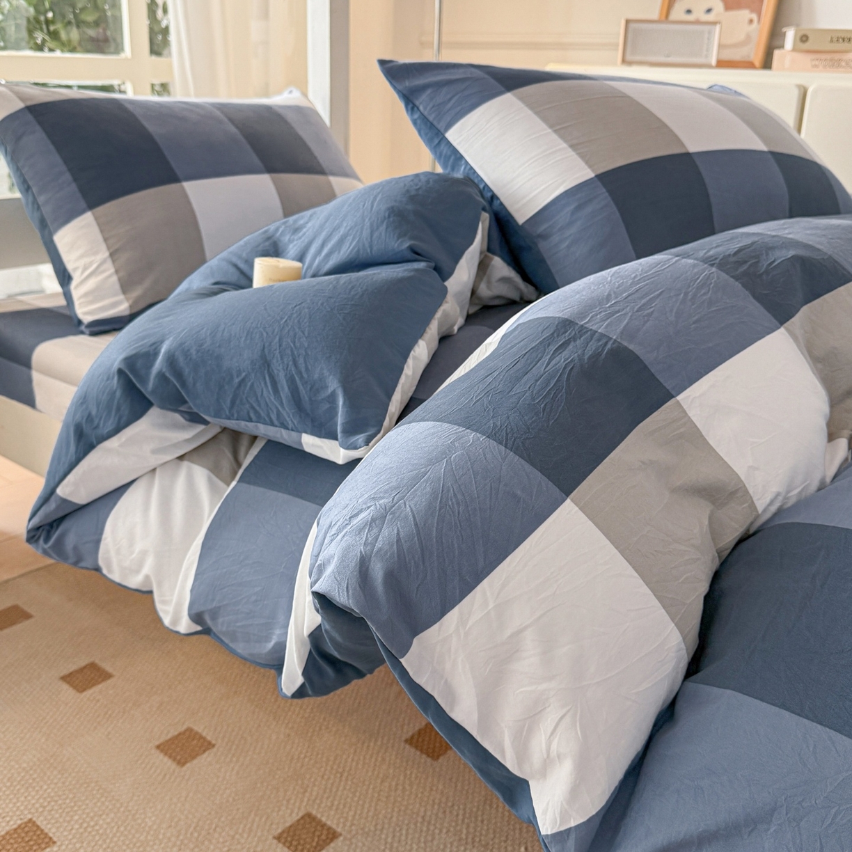 91家纺网 家纺一手货源 找家纺 盛秋家纺 2025新款水洗棉格子学生小三套套件 蓝大格+宾利蓝