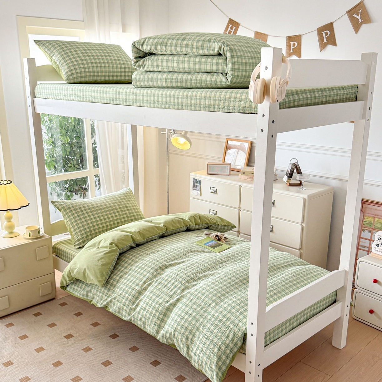 91家纺网 家纺一手货源 找家纺 盛秋家纺 2025新款水洗棉格子学生小三套套件 抹茶+果绿