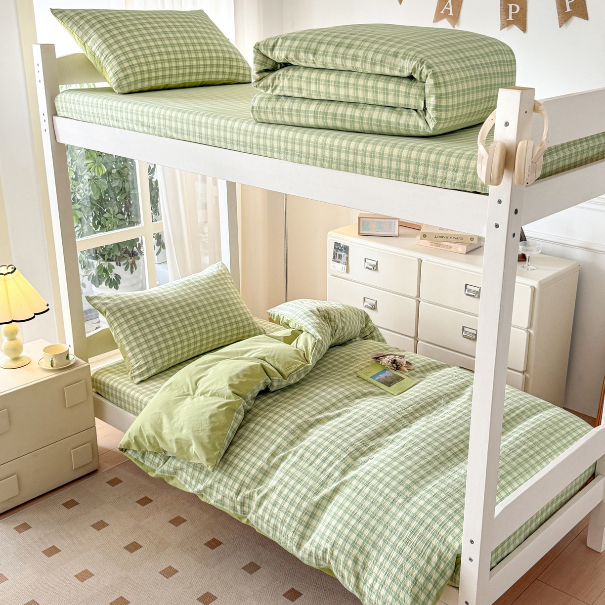 91家纺网 家纺一手货源 找家纺 盛秋家纺 2025新款水洗棉格子学生小三套套件 抹茶+果绿