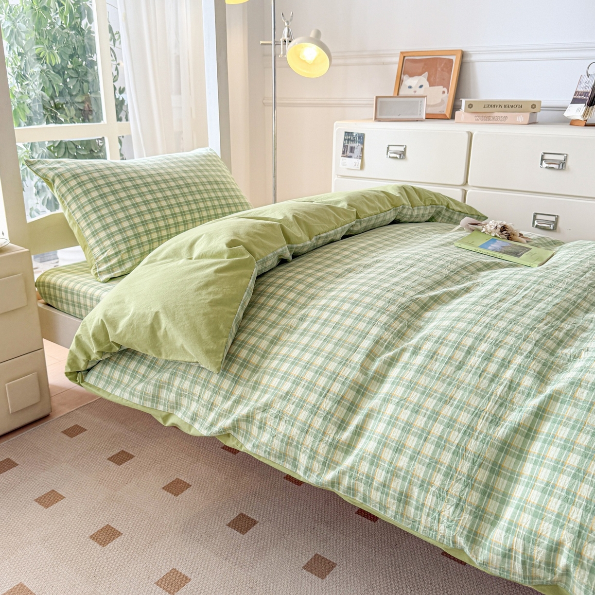 91家纺网 家纺一手货源 找家纺 盛秋家纺 2025新款水洗棉格子学生小三套套件 抹茶+果绿