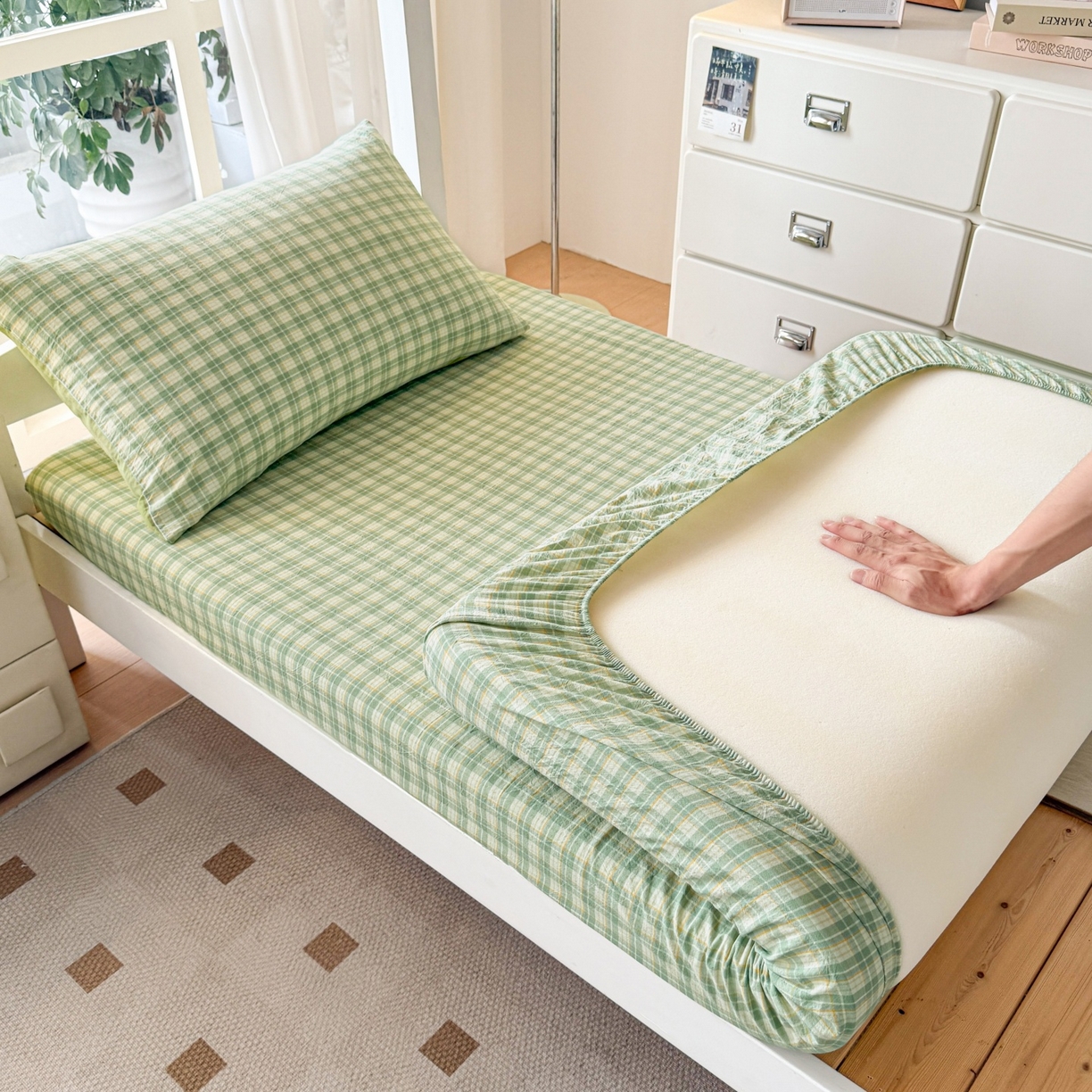 91家纺网 家纺一手货源 找家纺 盛秋家纺 2025新款水洗棉格子学生小三套套件 抹茶+果绿