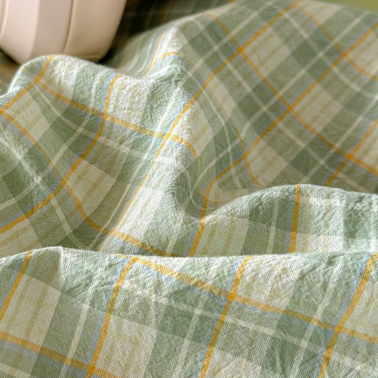 91家纺网 家纺一手货源 找家纺 盛秋家纺 2025新款水洗棉格子学生小三套套件 抹茶+果绿