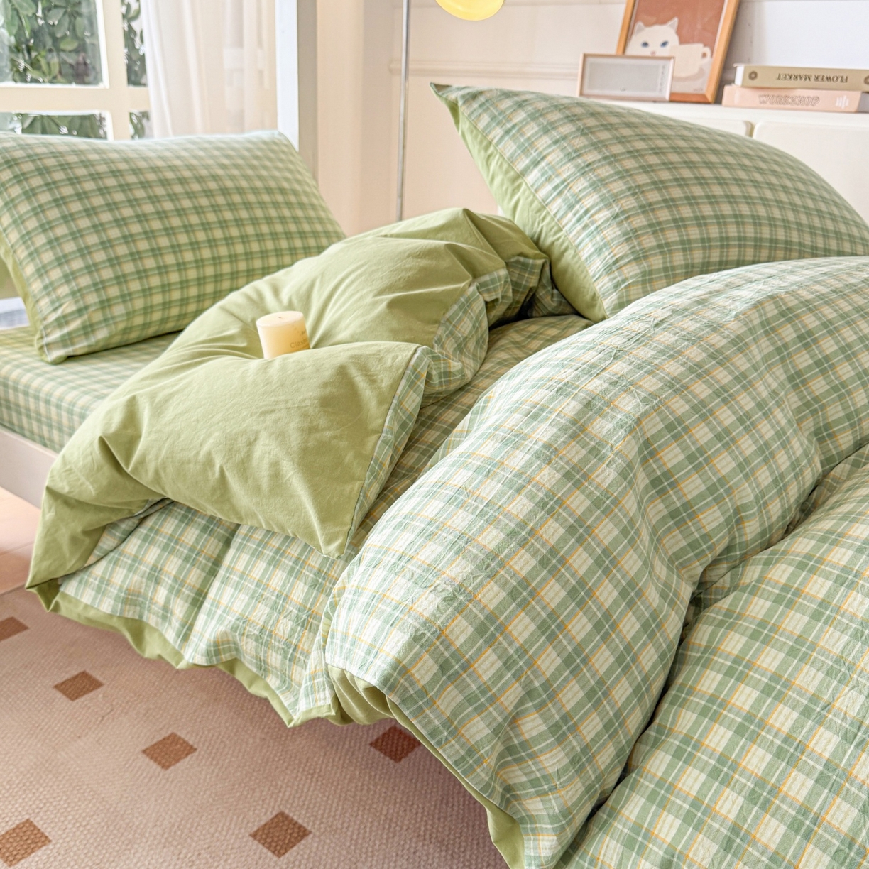 91家纺网 家纺一手货源 找家纺 盛秋家纺 2025新款水洗棉格子学生小三套套件 抹茶+果绿