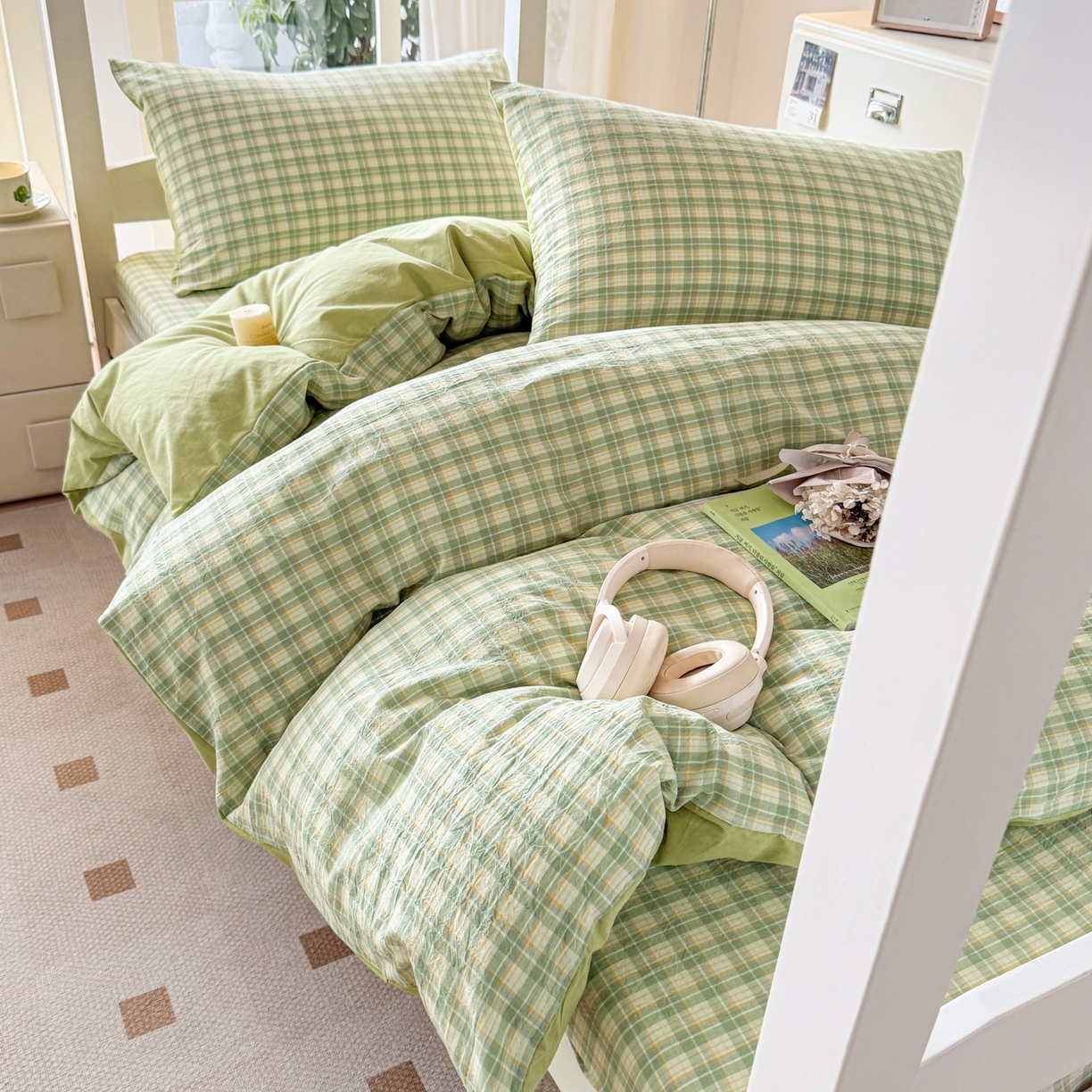 91家纺网 家纺一手货源 找家纺 盛秋家纺 2025新款水洗棉格子学生小三套套件 抹茶+果绿