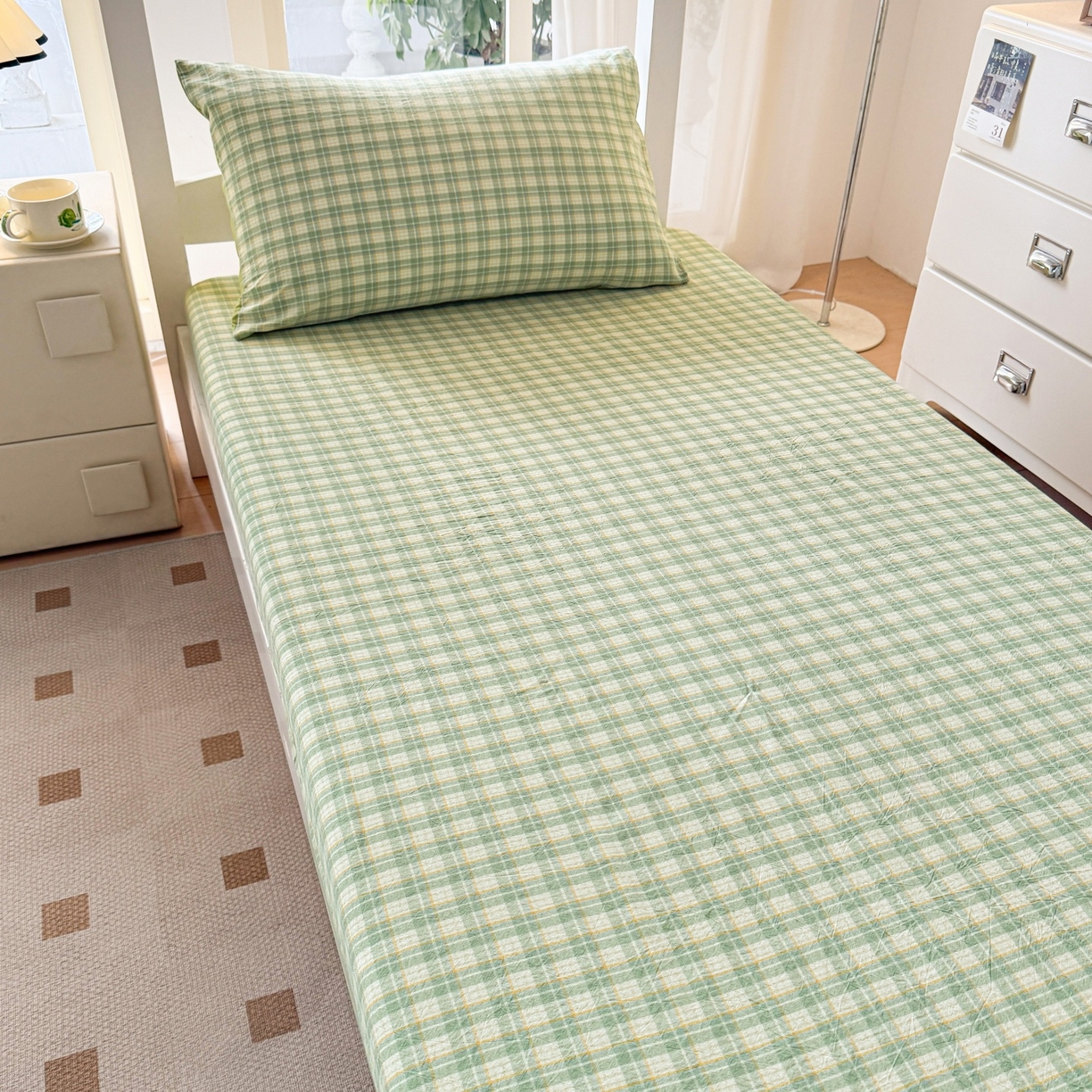 91家纺网 家纺一手货源 找家纺 盛秋家纺 2025新款水洗棉格子学生小三套套件 抹茶+果绿