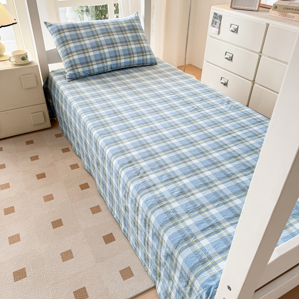 91家纺网 家纺一手货源 找家纺 盛秋家纺 2025新款水洗棉格子学生小三套套件 简约+海清