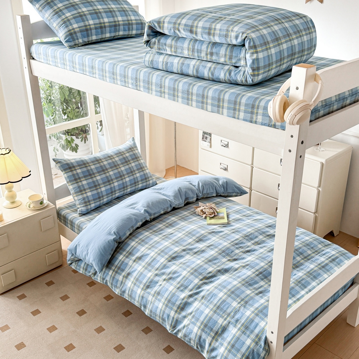 91家纺网 家纺一手货源 找家纺 盛秋家纺 2025新款水洗棉格子学生小三套套件 简约+海清