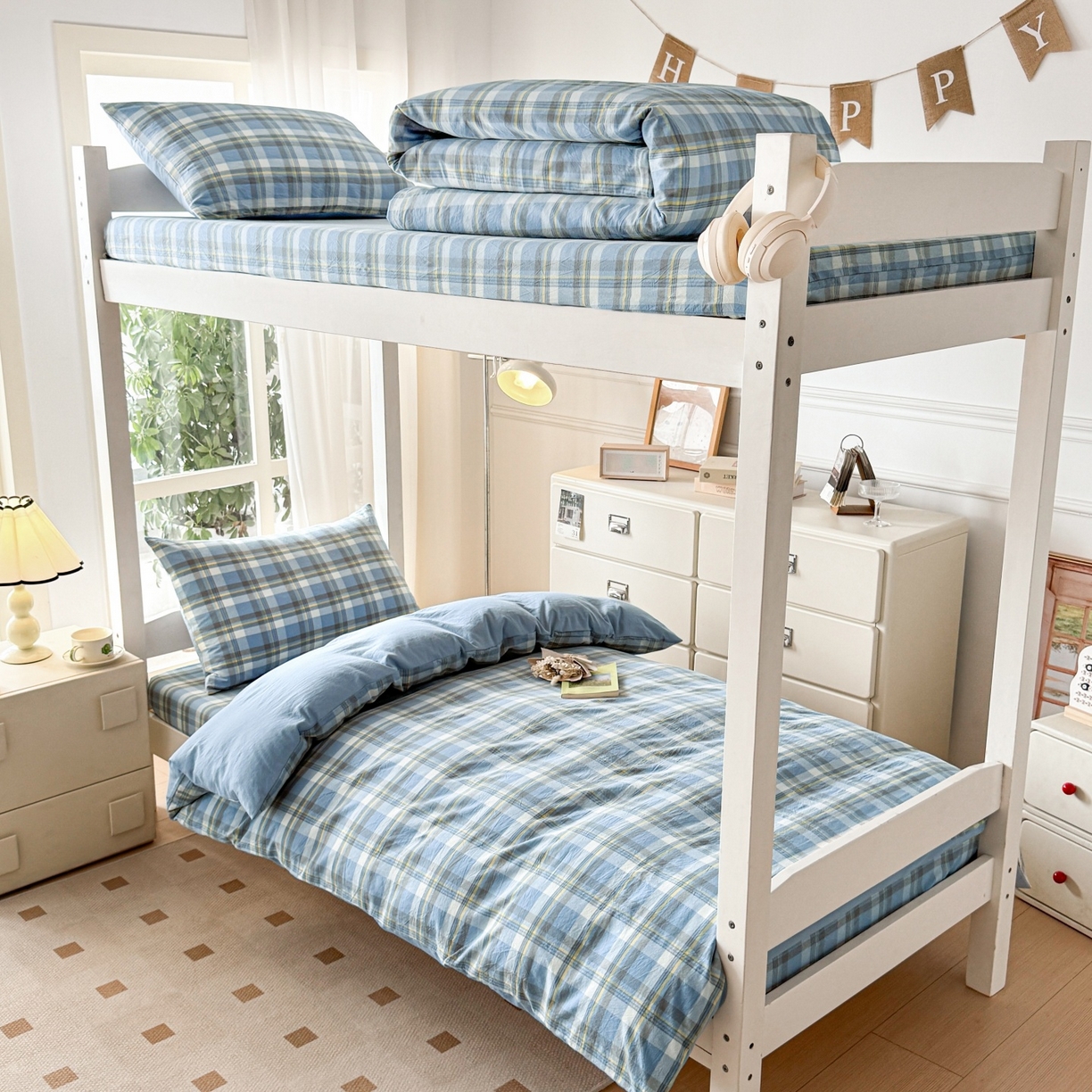 91家纺网 家纺一手货源 找家纺 盛秋家纺 2025新款水洗棉格子学生小三套套件 简约+海清