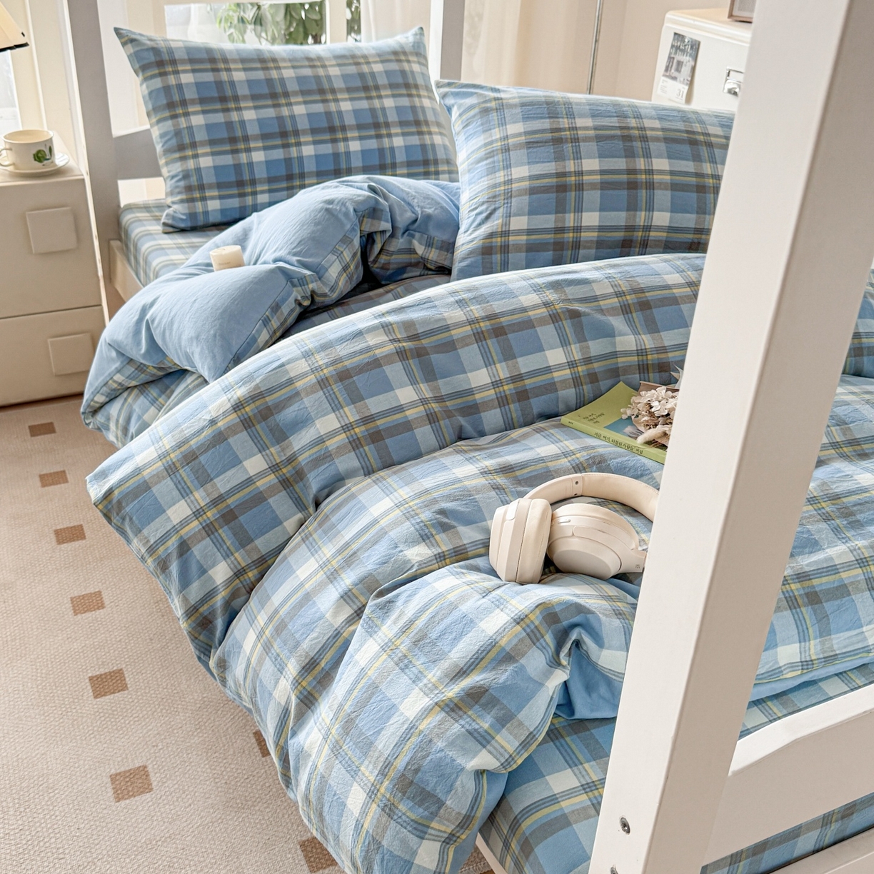 91家纺网 家纺一手货源 找家纺 盛秋家纺 2025新款水洗棉格子学生小三套套件 简约+海清