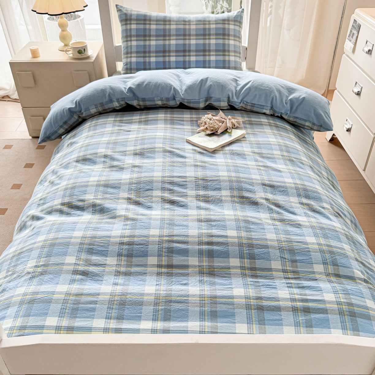 91家纺网 家纺一手货源 找家纺 盛秋家纺 2025新款水洗棉格子学生小三套套件 简约+海清