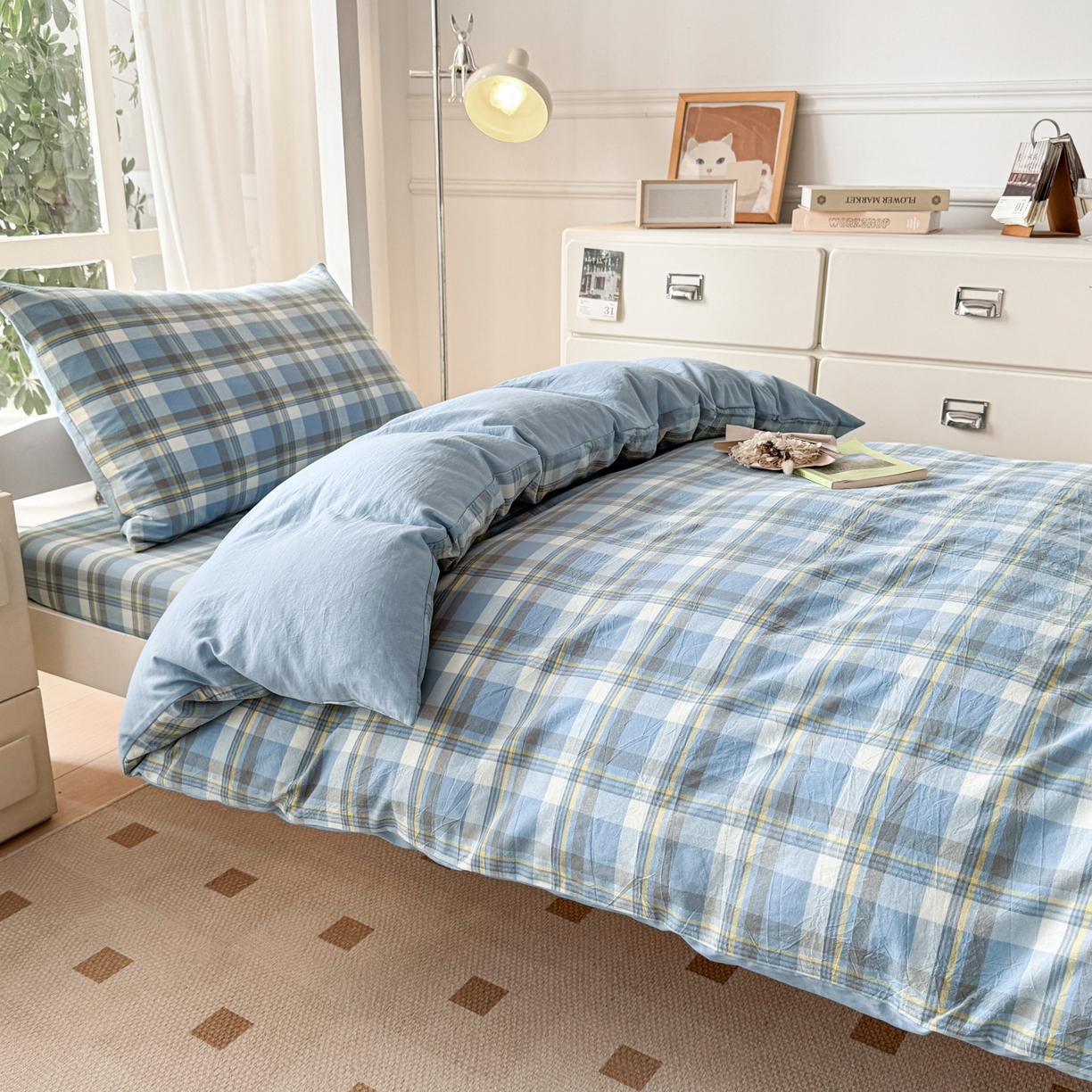 91家纺网 家纺一手货源 找家纺 盛秋家纺 2025新款水洗棉格子学生小三套套件 简约+海清