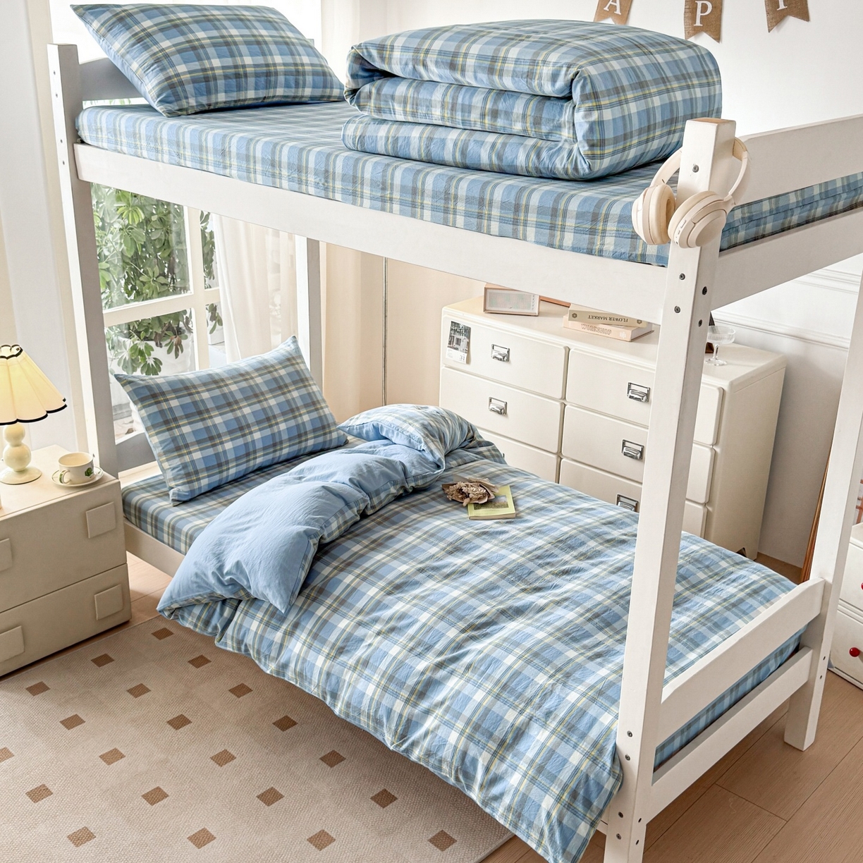 91家纺网 家纺一手货源 找家纺 盛秋家纺 2025新款水洗棉格子学生小三套套件 简约+海清