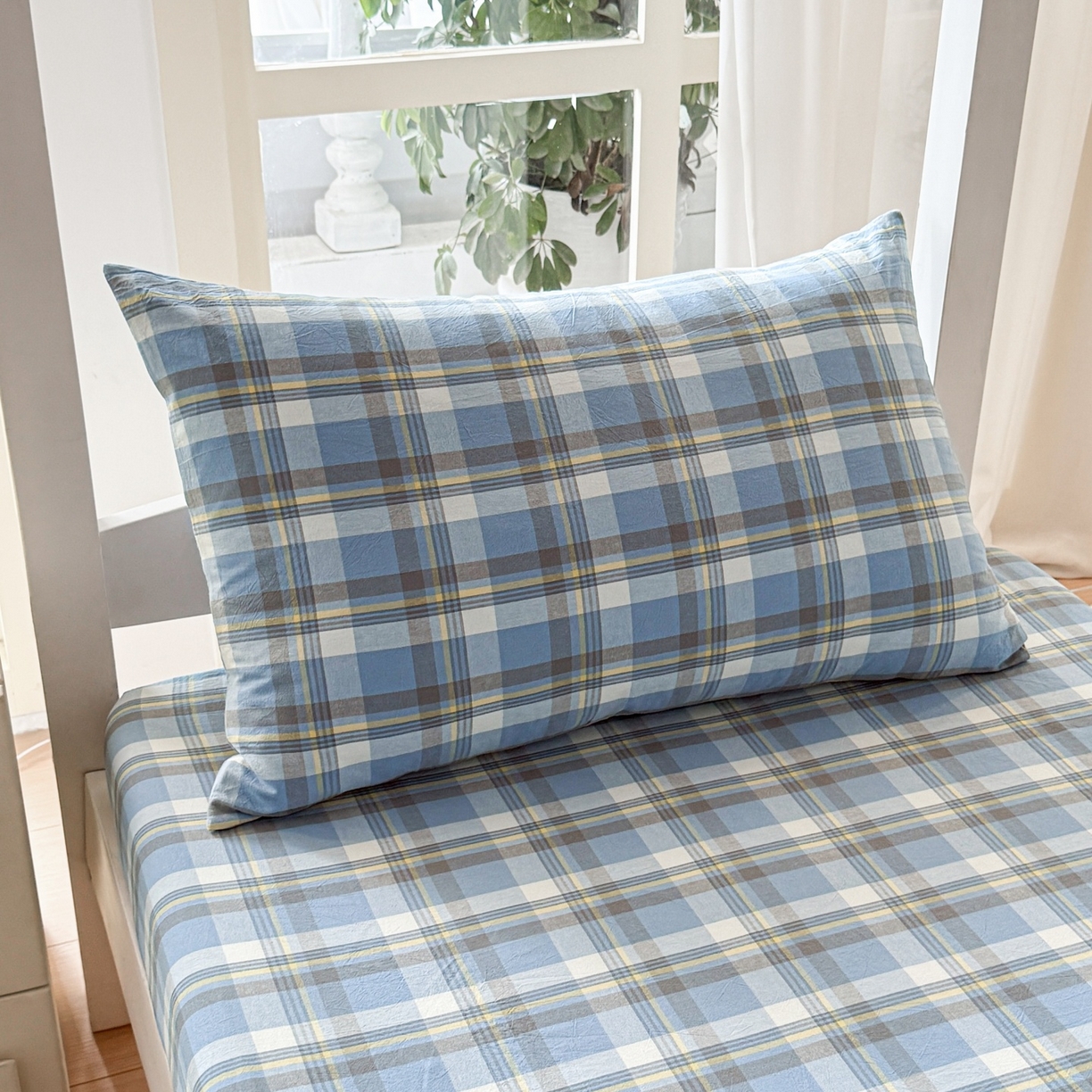 91家纺网 家纺一手货源 找家纺 盛秋家纺 2025新款水洗棉格子学生小三套套件 简约+海清