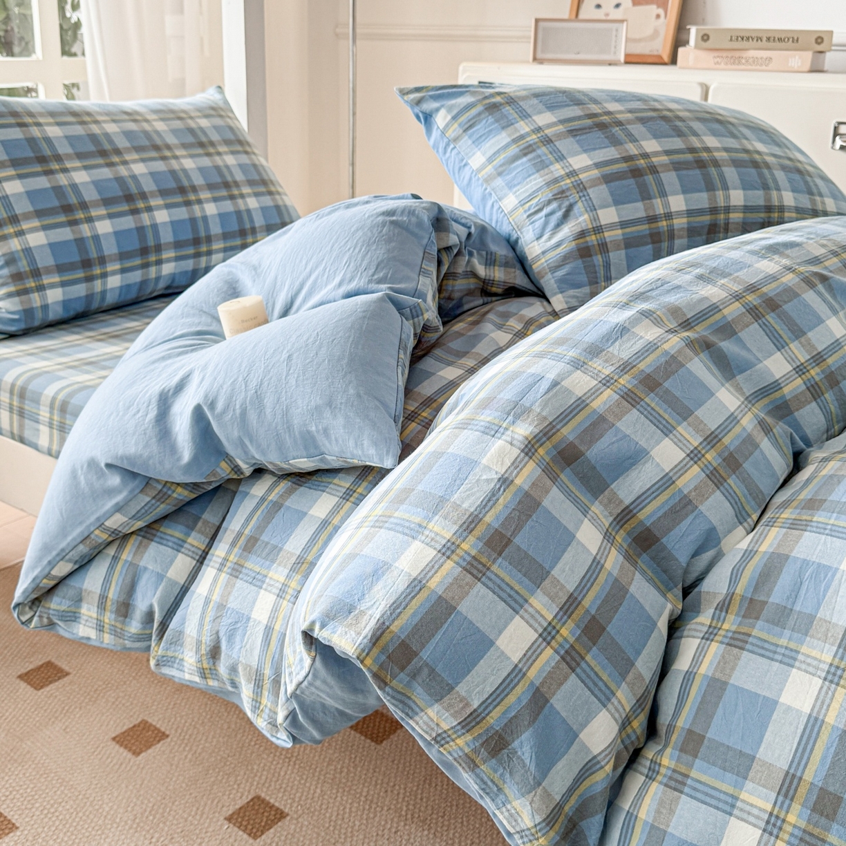 91家纺网 家纺一手货源 找家纺 盛秋家纺 2025新款水洗棉格子学生小三套套件 简约+海清