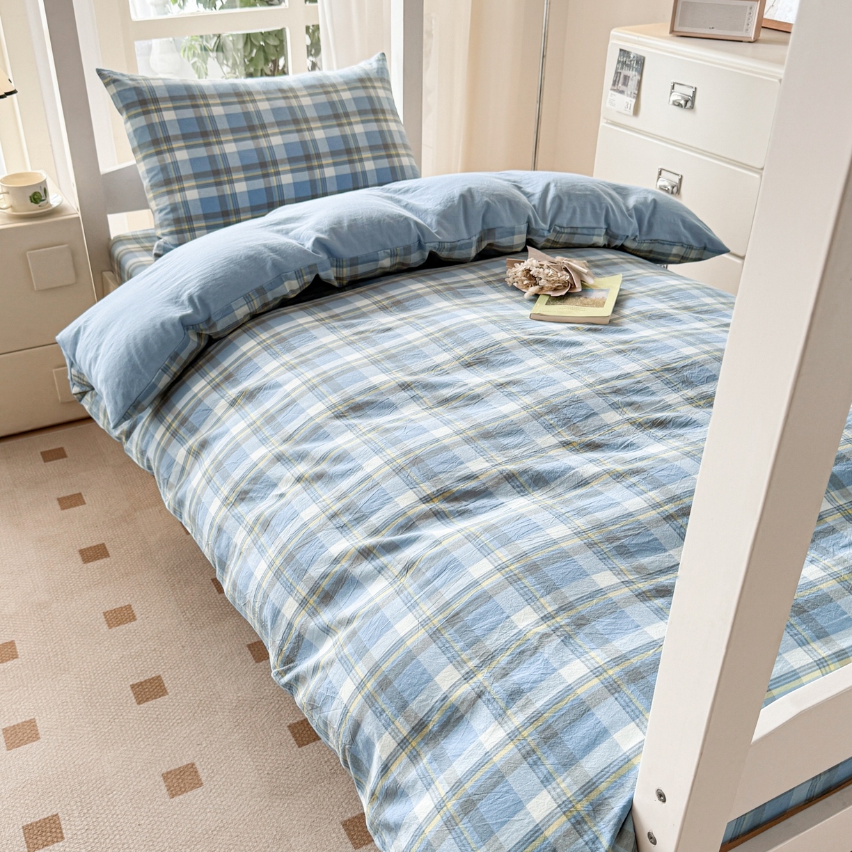 91家纺网 家纺一手货源 找家纺 盛秋家纺 2025新款水洗棉格子学生小三套套件 简约+海清