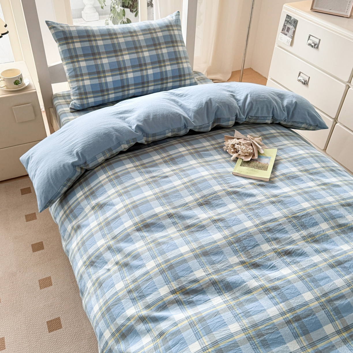 91家纺网 家纺一手货源 找家纺 盛秋家纺 2025新款水洗棉格子学生小三套套件 简约+海清