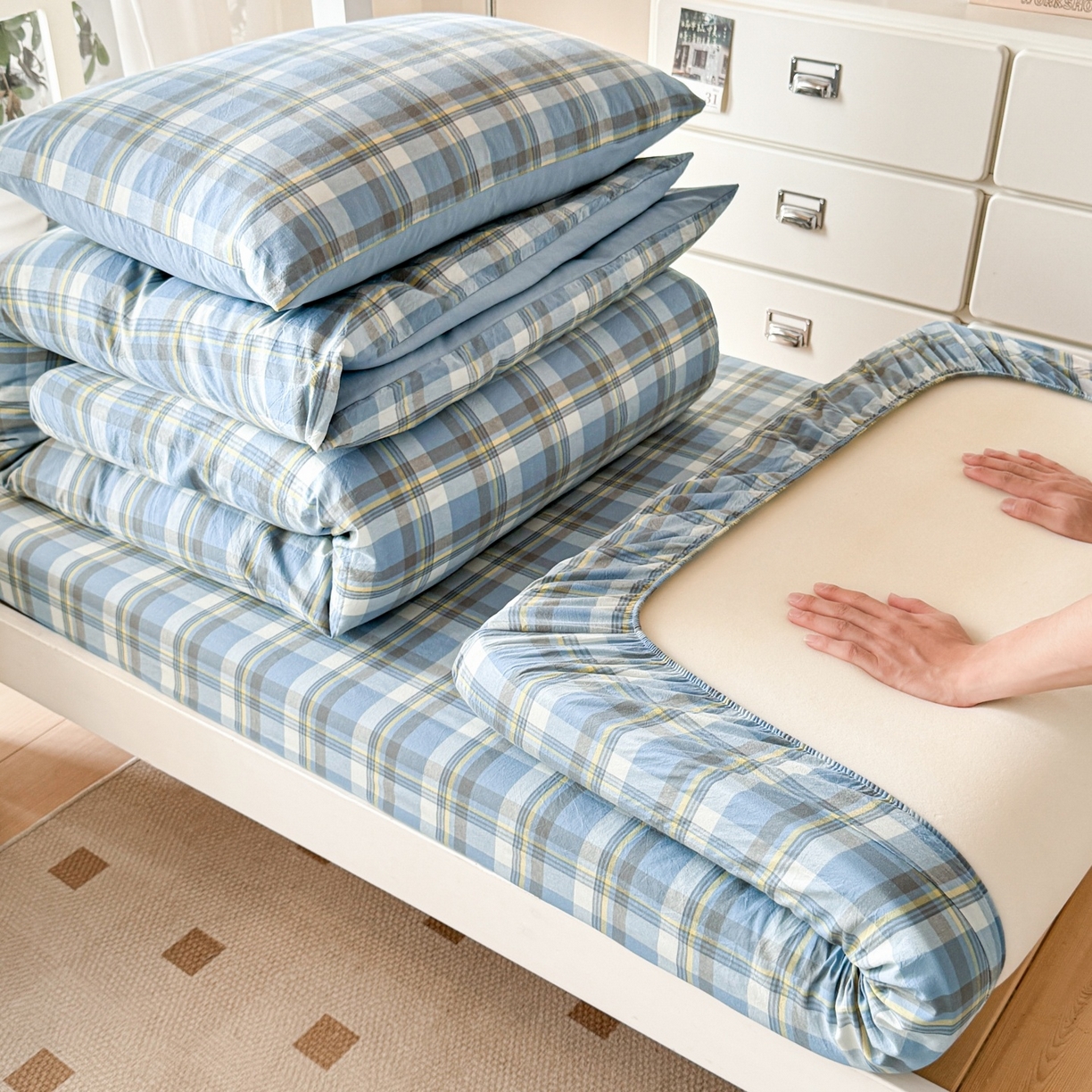 盛秋家纺 2025新款水洗棉格子学生小三套套件 简约+海清