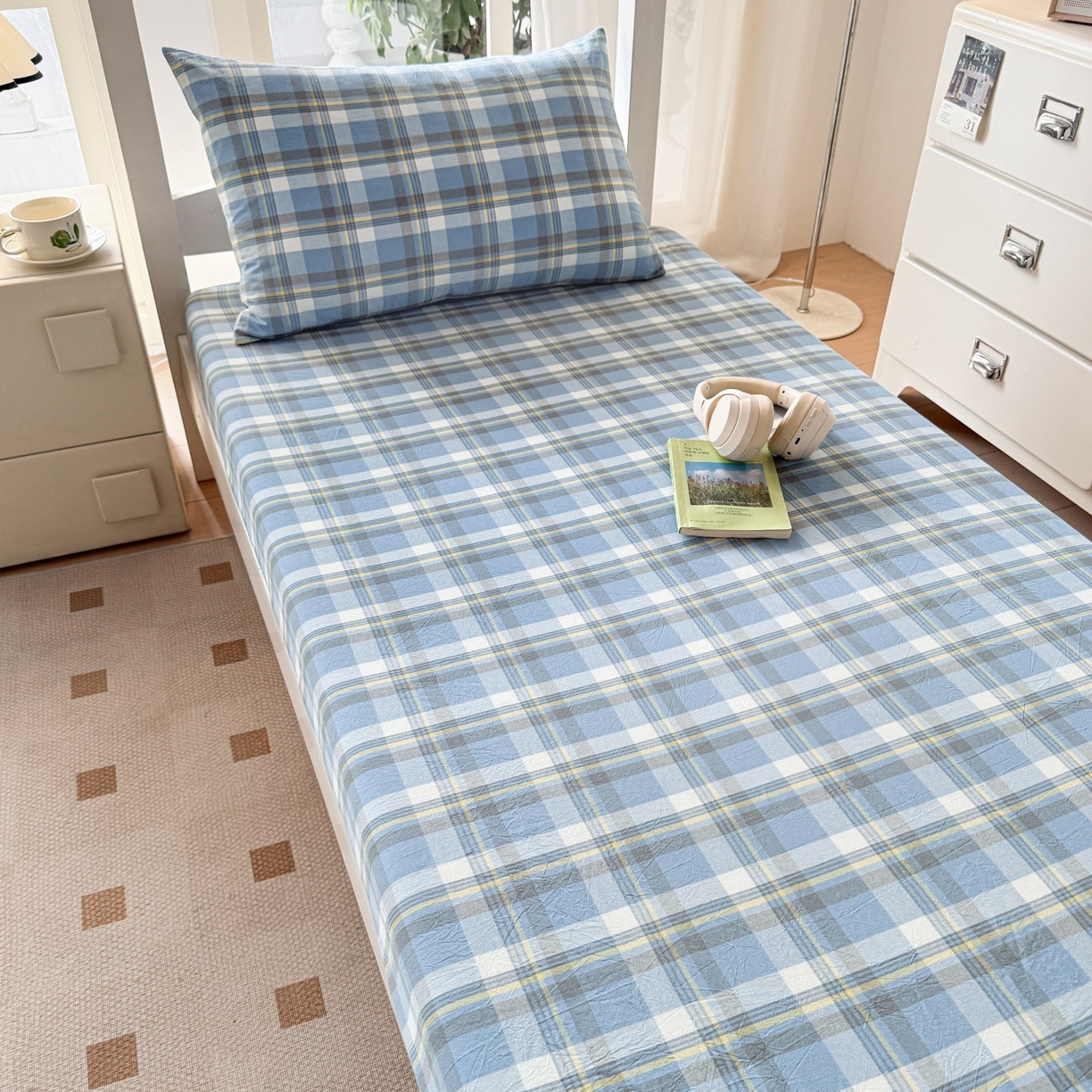 91家纺网 家纺一手货源 找家纺 盛秋家纺 2025新款水洗棉格子学生小三套套件 简约+海清