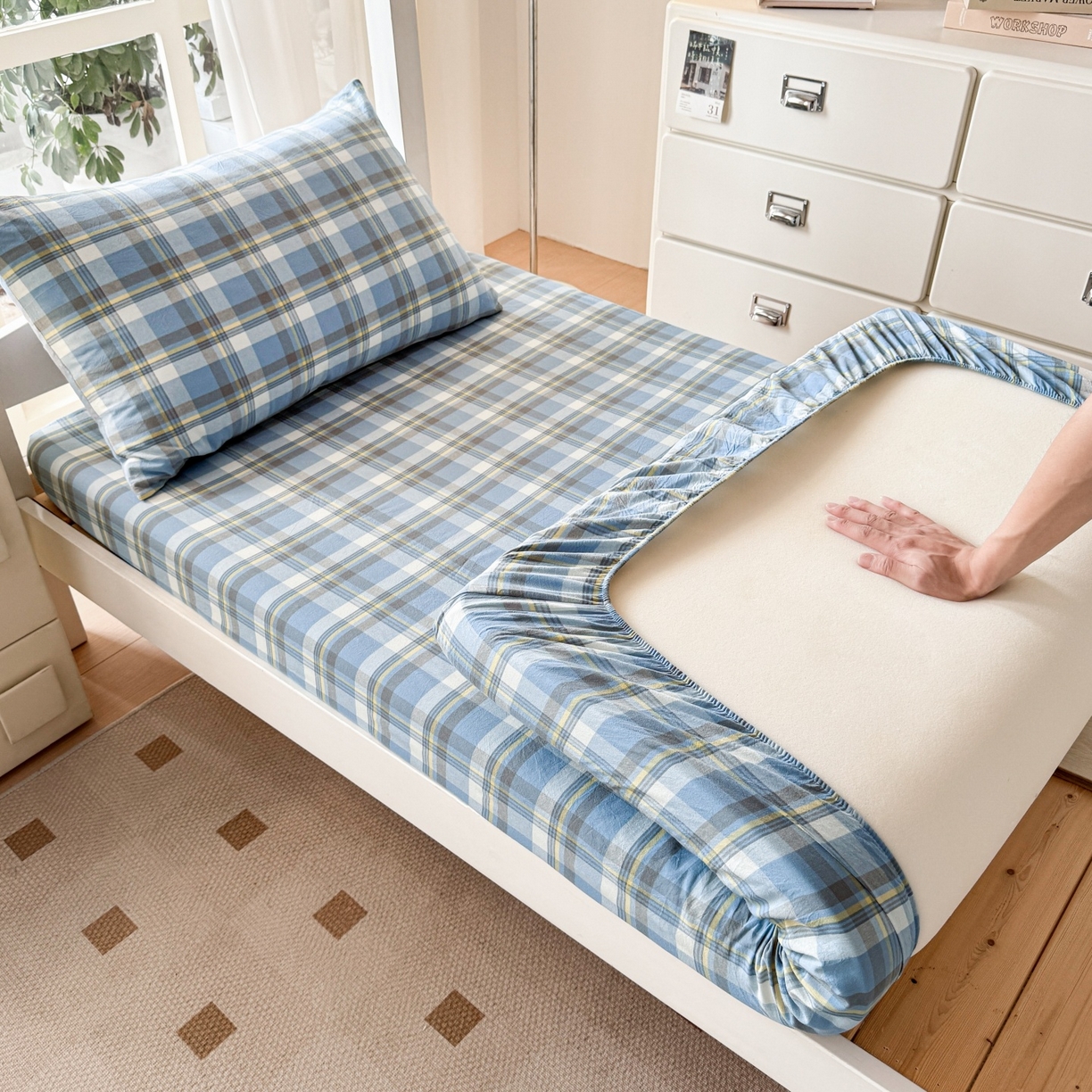 91家纺网 家纺一手货源 找家纺 盛秋家纺 2025新款水洗棉格子学生小三套套件 简约+海清