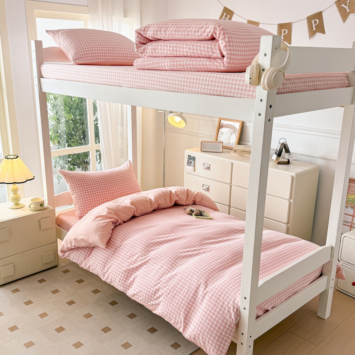 91家纺网 家纺一手货源 找家纺 盛秋家纺 2025新款水洗棉格子学生小三套套件 粉小格+奶油粉