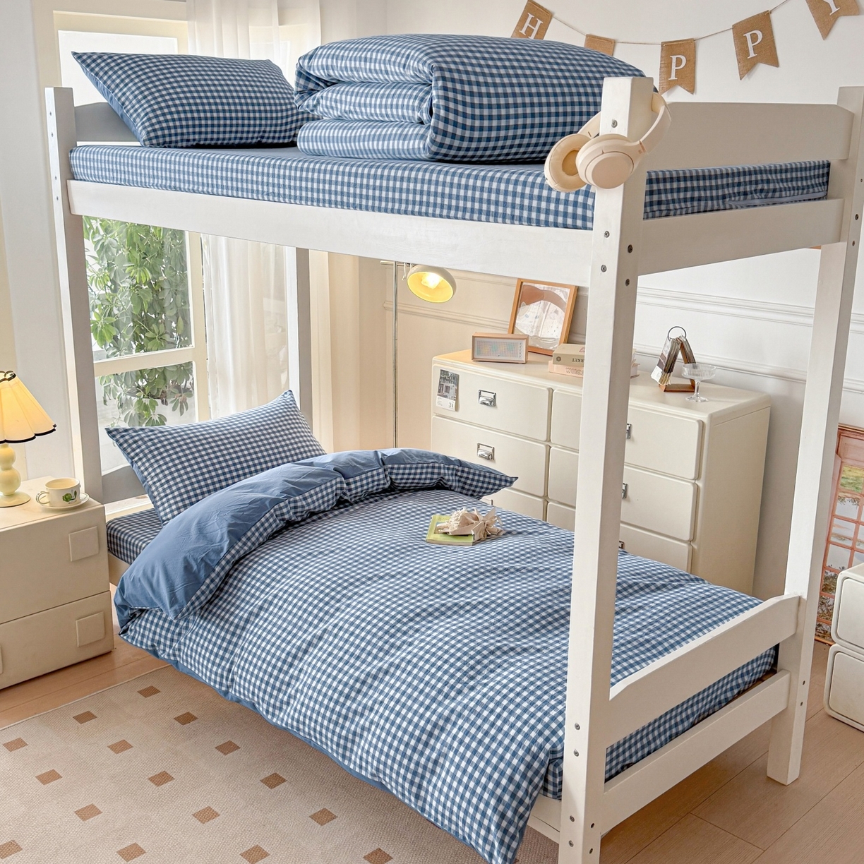 91家纺网 家纺一手货源 找家纺 盛秋家纺 2025新款水洗棉格子学生小三套套件 蓝小格+蓝灰