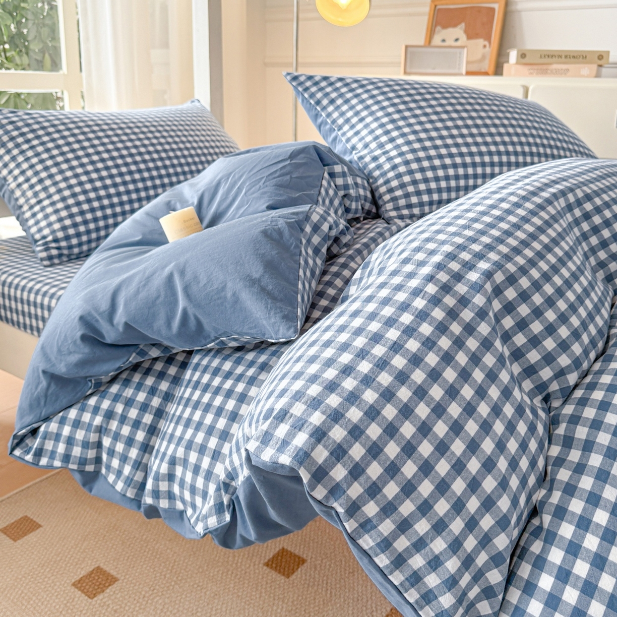 91家纺网 家纺一手货源 找家纺 盛秋家纺 2025新款水洗棉格子学生小三套套件 蓝小格+蓝灰