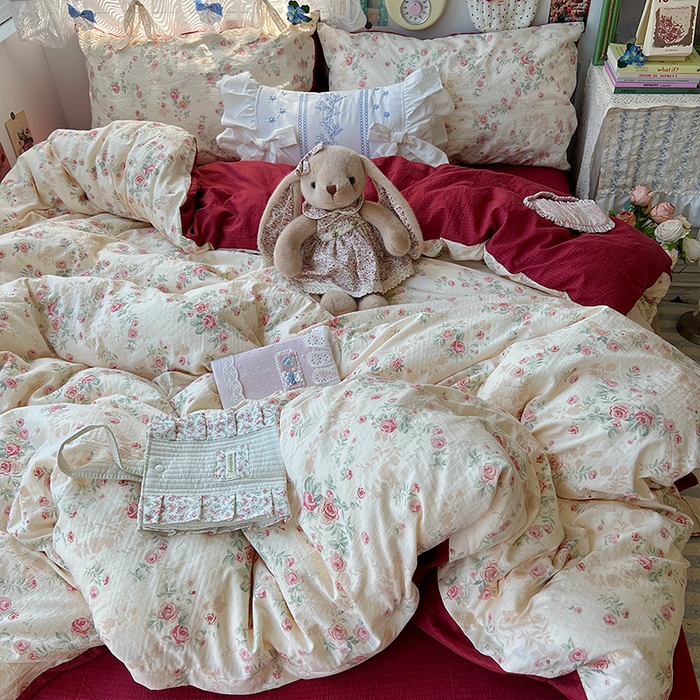 91家纺网 家纺一手货源 找家纺 原素 2025学生季仙女小花卉水洗棉四件套 复古玫瑰