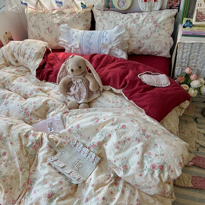 91家纺网 家纺一手货源 找家纺 原素 2025学生季仙女小花卉水洗棉四件套 复古玫瑰