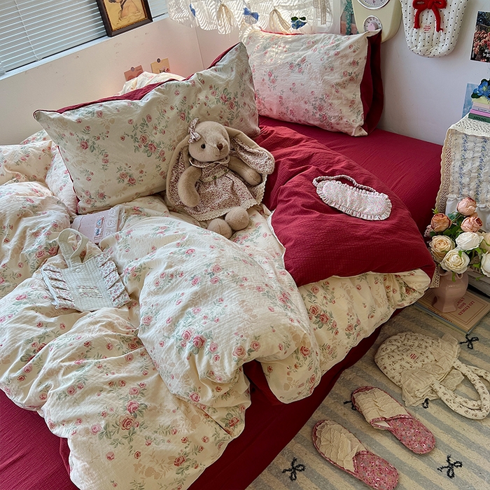 91家纺网 家纺一手货源 找家纺 原素 2025学生季仙女小花卉水洗棉四件套 复古玫瑰