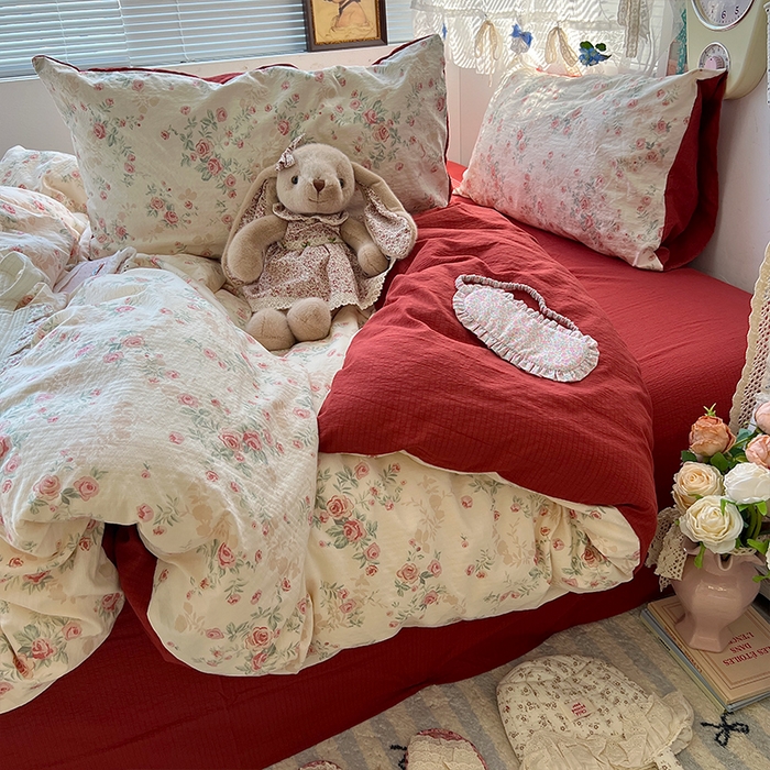 91家纺网 家纺一手货源 找家纺 原素 2025学生季仙女小花卉水洗棉四件套 复古玫瑰