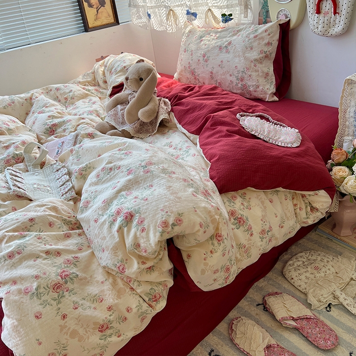 91家纺网 家纺一手货源 找家纺 原素 2025学生季仙女小花卉水洗棉四件套 复古玫瑰