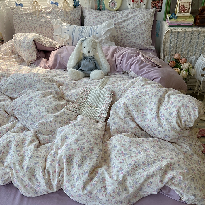 91家纺网 家纺一手货源 找家纺 原素 2025学生季仙女小花卉水洗棉四件套 花团紫