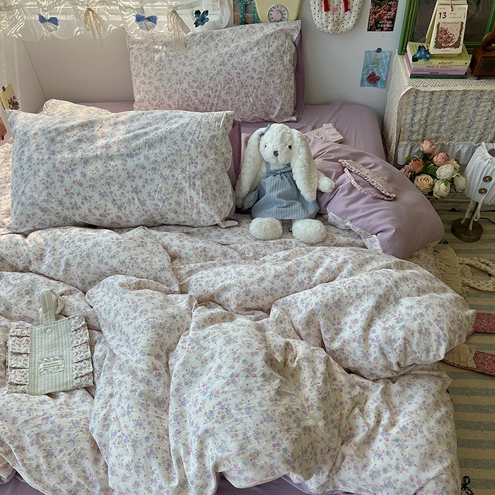 91家纺网 家纺一手货源 找家纺 原素 2025学生季仙女小花卉水洗棉四件套 花团紫