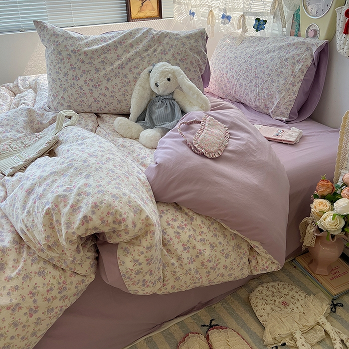 91家纺网 家纺一手货源 找家纺 原素 2025学生季仙女小花卉水洗棉四件套 花团紫