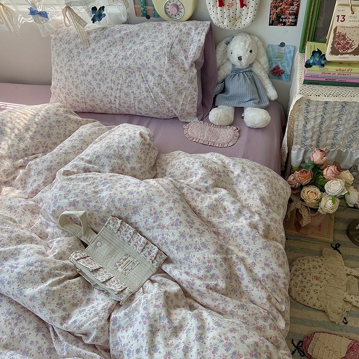 91家纺网 家纺一手货源 找家纺 原素 2025学生季仙女小花卉水洗棉四件套 花团紫