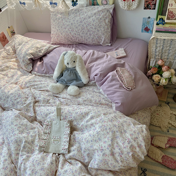 91家纺网 家纺一手货源 找家纺 原素 2025学生季仙女小花卉水洗棉四件套 花团紫