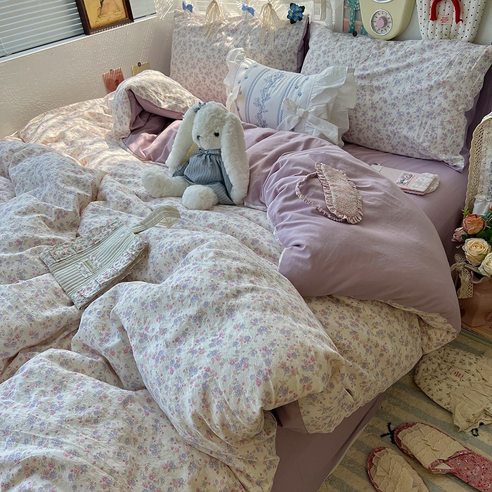 91家纺网 家纺一手货源 找家纺 原素 2025学生季仙女小花卉水洗棉四件套 花团紫